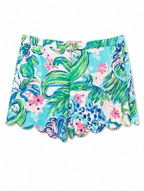 Lilly Pulitzer Turquoise Pink Green Floral Scallop Hem Shorts